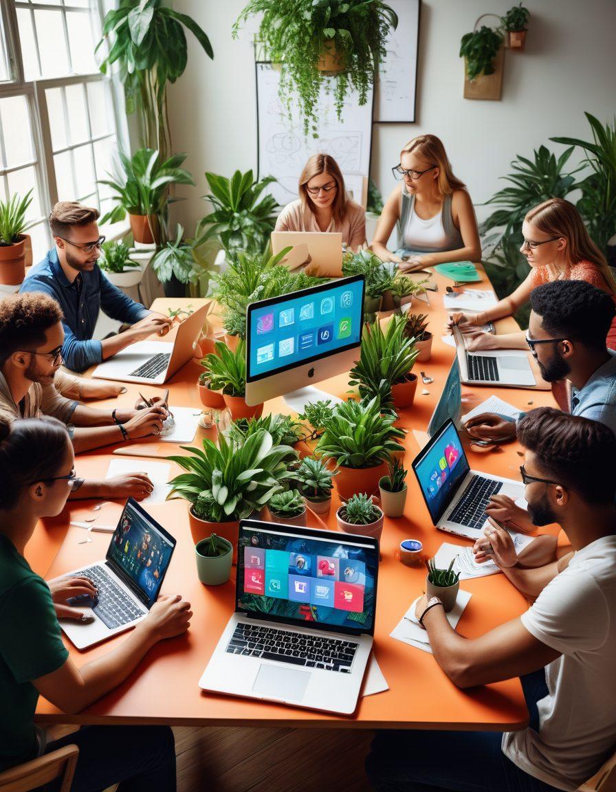 A vibrant collage depicting a diverse group of content creators brainstorming around a large table, laptops open, sharing ideas visually represented as colorful icons and infographics floating around. Include elements like social media symbols, engagement statistics, and diverse people engaged in animated discussions. The background features a bright, inspiring workspace filled with plants and creative designs. super-realistic. vibrant colors. 3D.