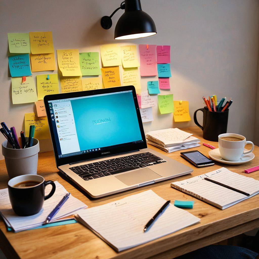 A captivating desk scene showcasing a laptop open to a blog writing interface, surrounded by scattered papers filled with brainstorming ideas, colorful sticky notes, and a steaming cup of coffee. A light ray illuminating the space, reflecting creativity and productivity, with a notepad and pen for jotting down ideas. The room is designed in a cozy, inviting atmosphere that inspires writing. super-realistic. vibrant colors. warm lighting.