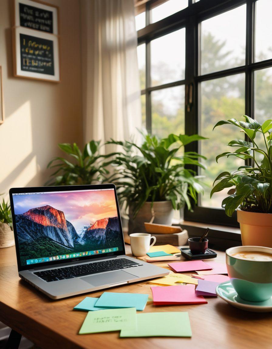 A cozy workspace scene featuring a laptop with a vibrant blog open, surrounded by colorful sticky notes filled with tips and tools for digital storytelling. A steaming cup of coffee sits next to the laptop, and a plant adds a touch of greenery. Sunlight filters through a window, illuminating the space and creating a warm atmosphere. super-realistic. vibrant colors. soft focus.